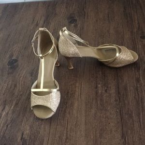 Gold glitter t-strap heel dance shoe